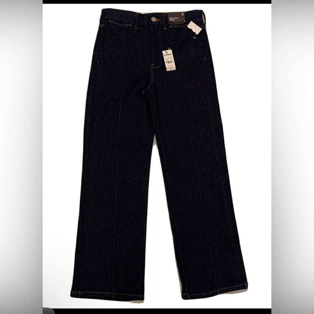 NWT - $98 Express Size 0 Cropped Wide Leg High Rise Dark Wash Blue Jeans - 26x24